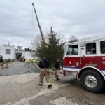 Fire crews and private contractors worked to shore up the compromised structure of the Seqens plant on Friday as removal of chemicals and building materials continued (Courtesy Photo/Newburyport Fire Department)